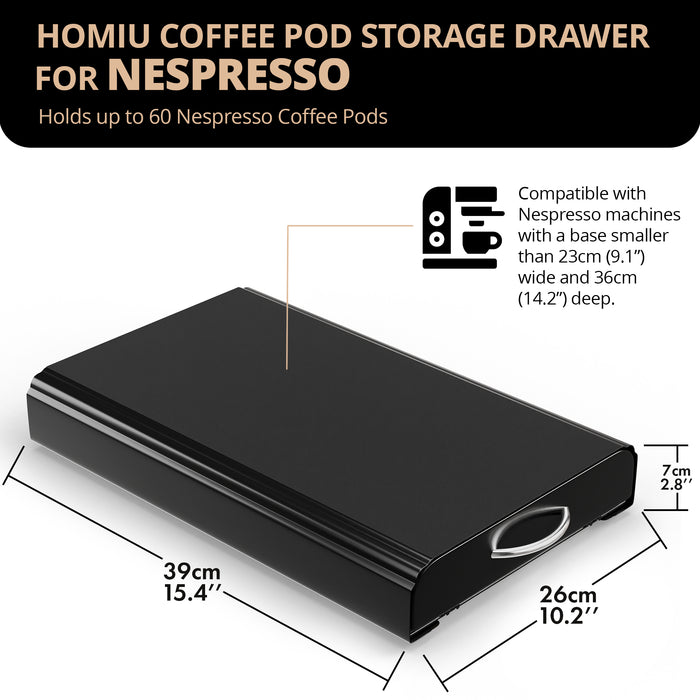 Homiu Nespresso Coffee Pod Holder – 60 Pod Storage Drawer | Space-Saving Capsule Organiser & Coffee Machine Stand