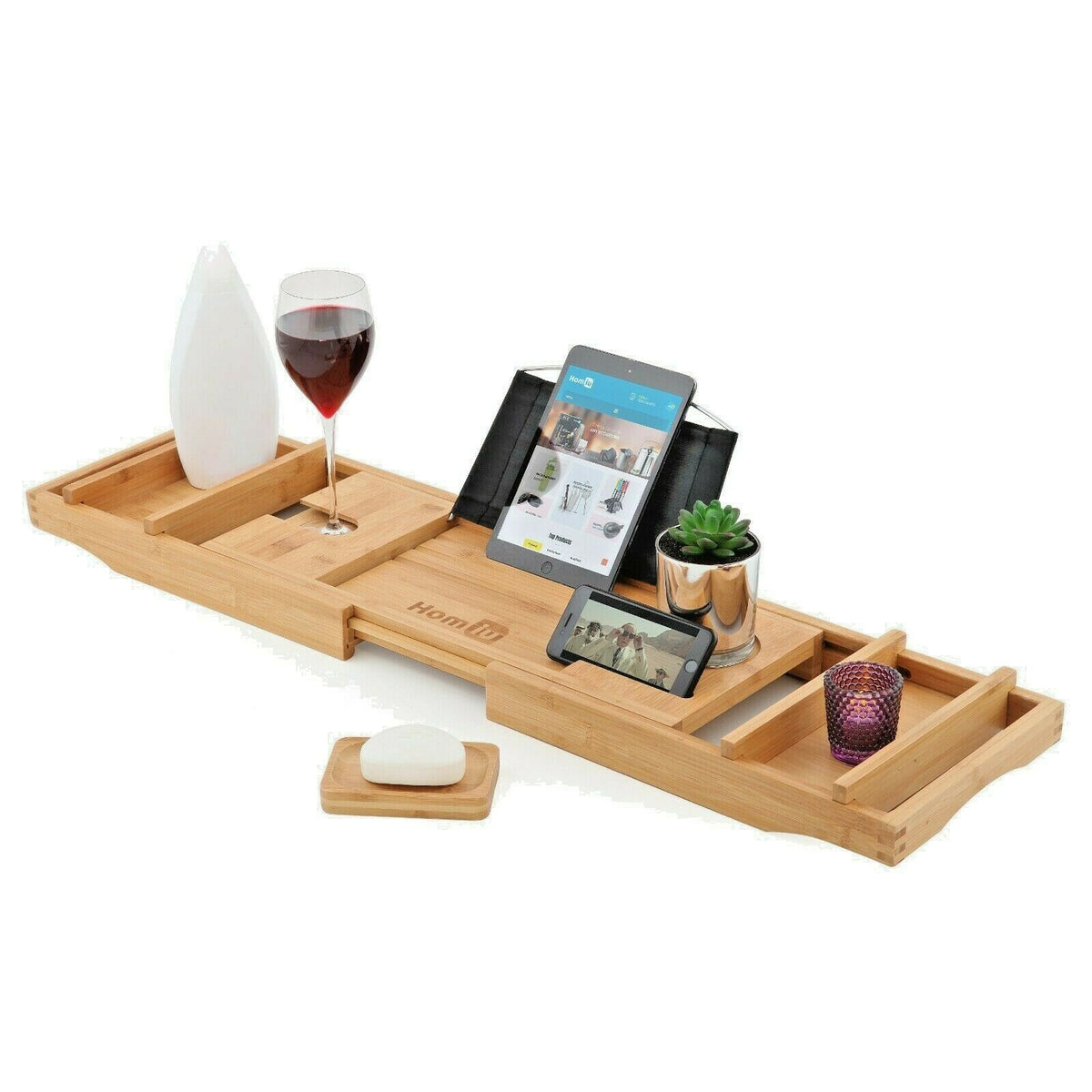 Bambüsi 100% Bamboo Bathtub Caddy with Extending Sides, Reading Rack, Cellphone Tray & Integrated Wine Glass Holder